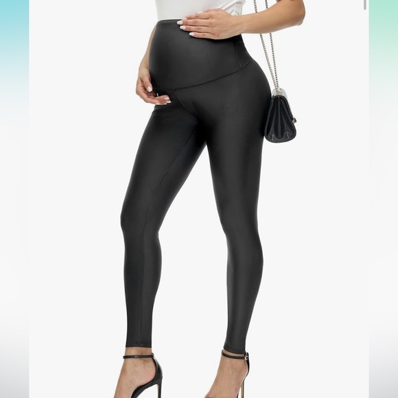 HOFISH Maternity Faux Leather Leggings Over The Belly High Waist, Black, S - Picture 1 of 3